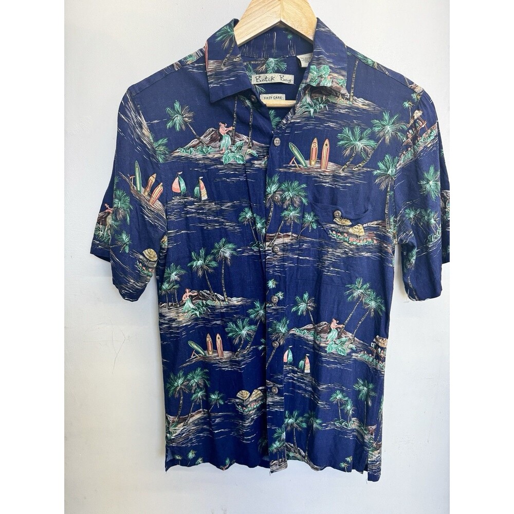 Vintage Batik Bay Hawaiian Shirt Small Palm Tree Boat Print Blue Rayon Y2K Aloha